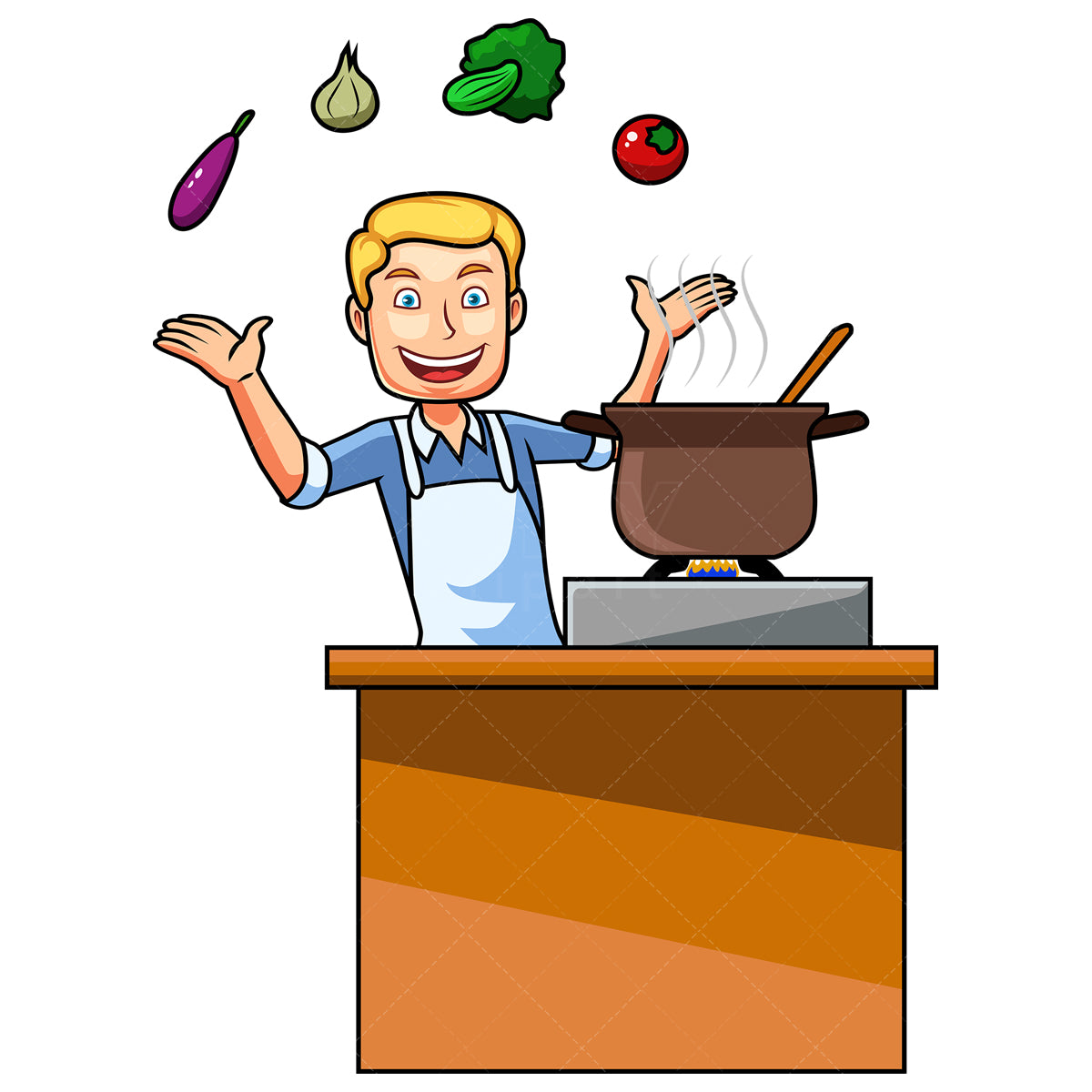 Royalty-free stock vector illustration of a man boiling vegetables.