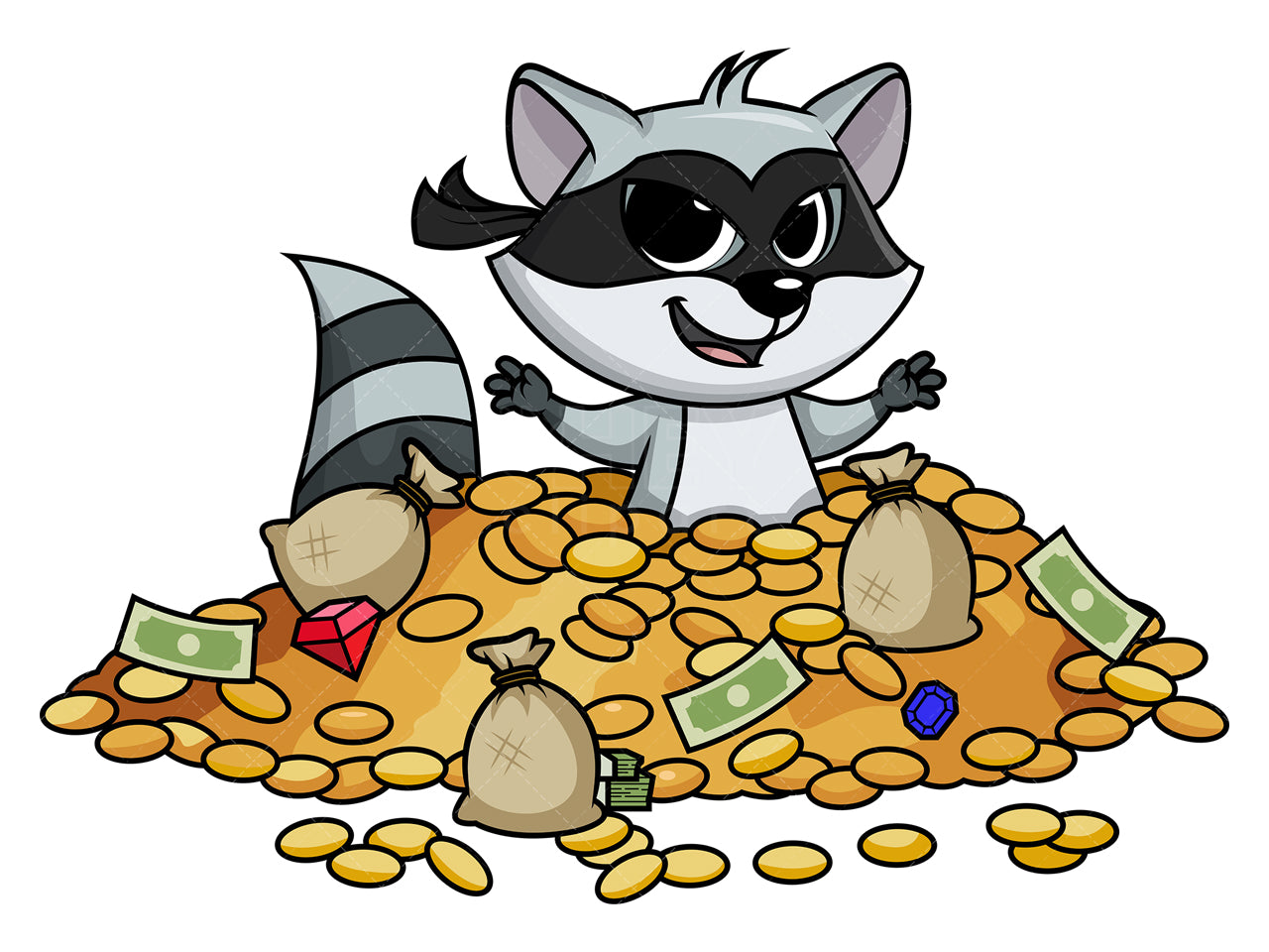 Royalty-free stock vector illustration of a raccoon bandit buried in treasure.