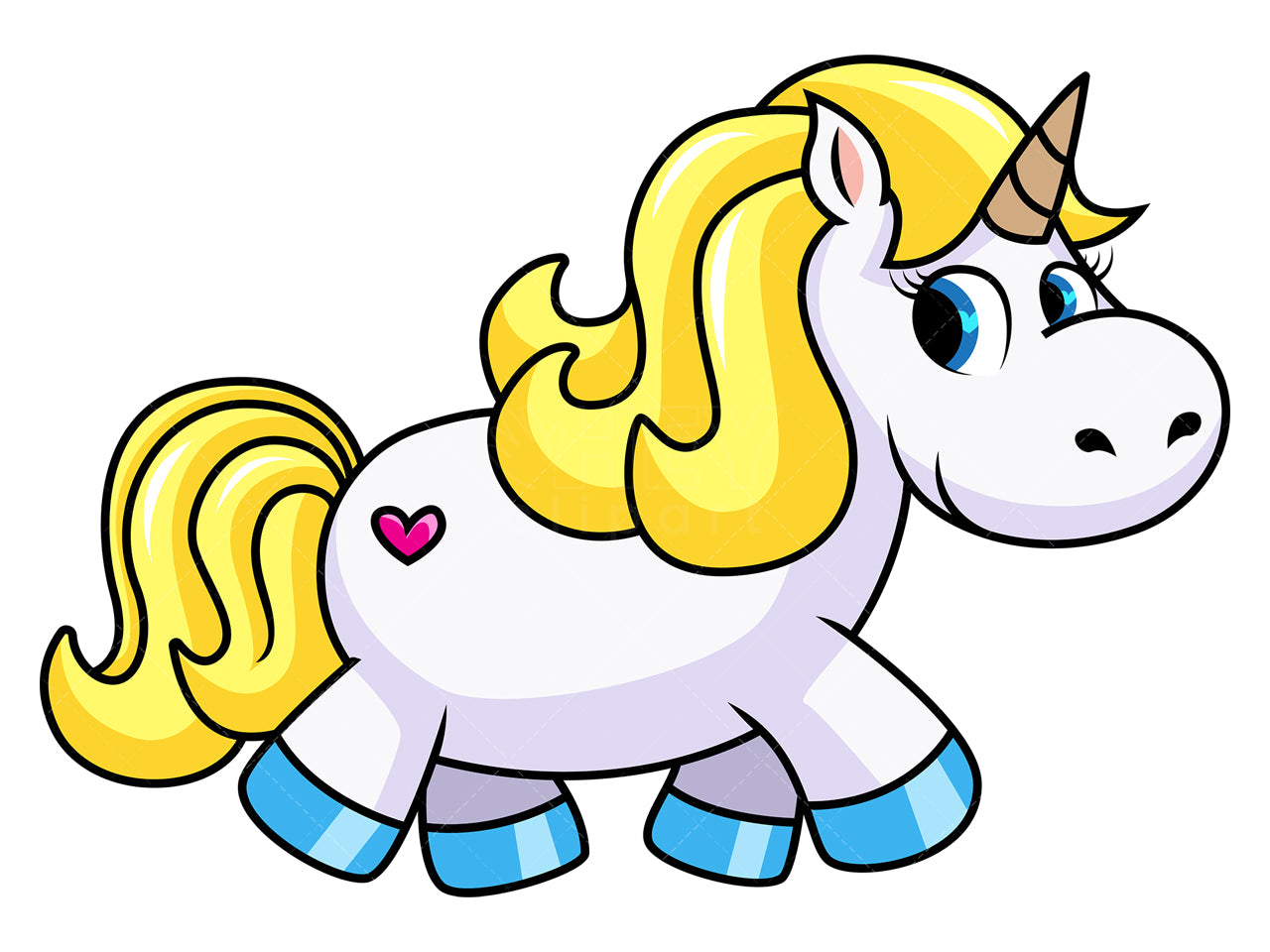 Royalty-free stock vector illustration of a unicorn with blonde hair and heart tattoo.