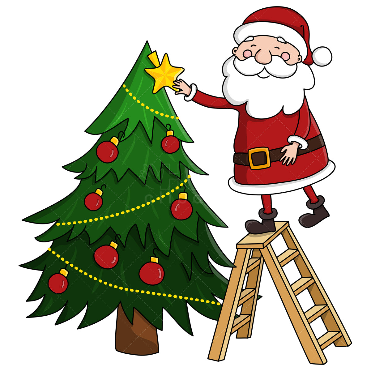 Royalty-free stock vector illustration of  a santa claus decorating christmas tree.