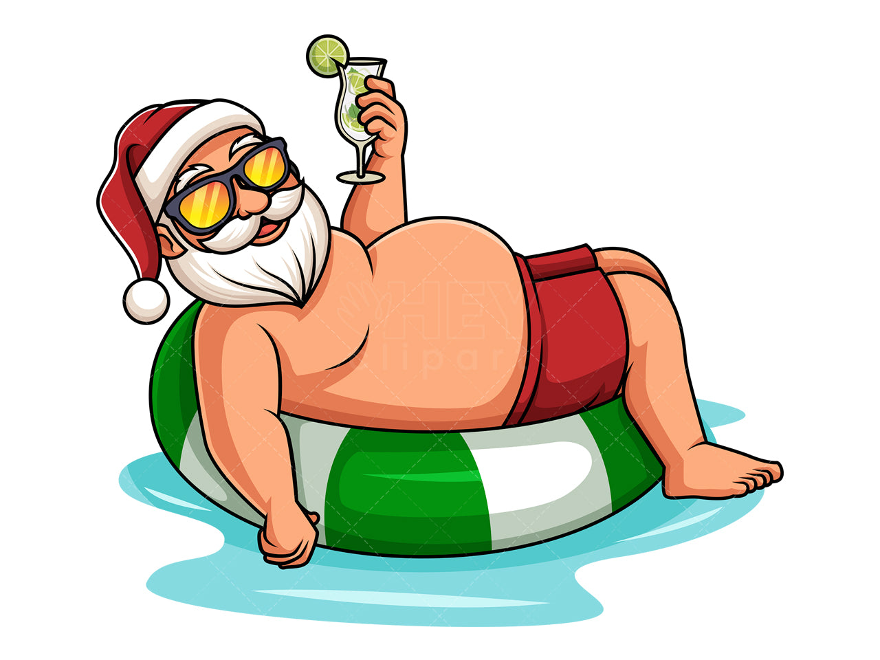 Royalty-free stock vector illustration of a summer santa claus on inflatable float.