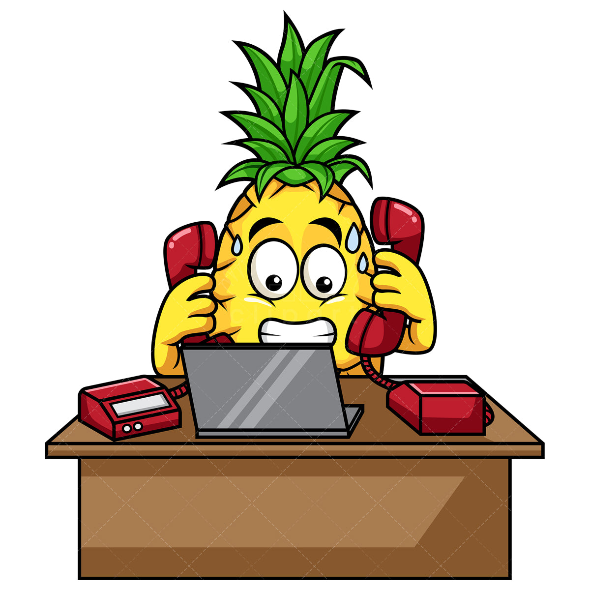 Royalty-free stock vector illustration of  a pineapple working and multitasking behind desk.