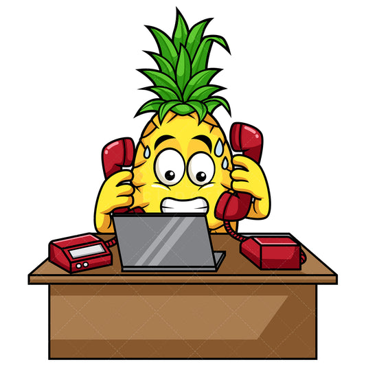Royalty-free stock vector illustration of  a pineapple working and multitasking behind desk.