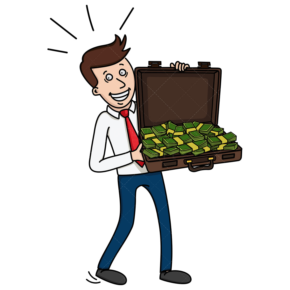 Royalty-free stock vector illustration of a businessman holding briefcase stuffed with money.