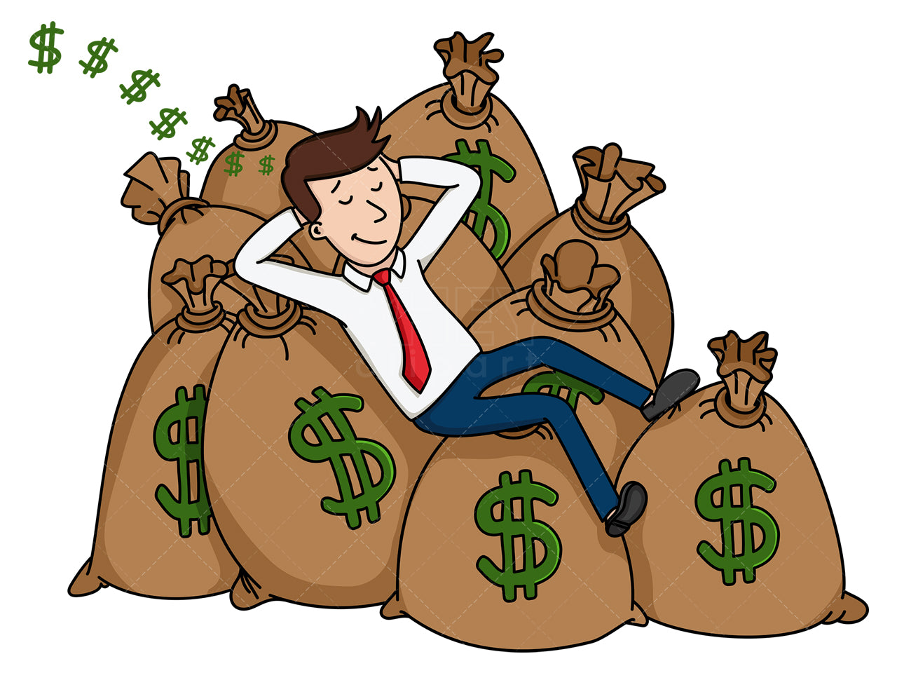 Royalty-free stock vector illustration of a businessman laying on money bags.