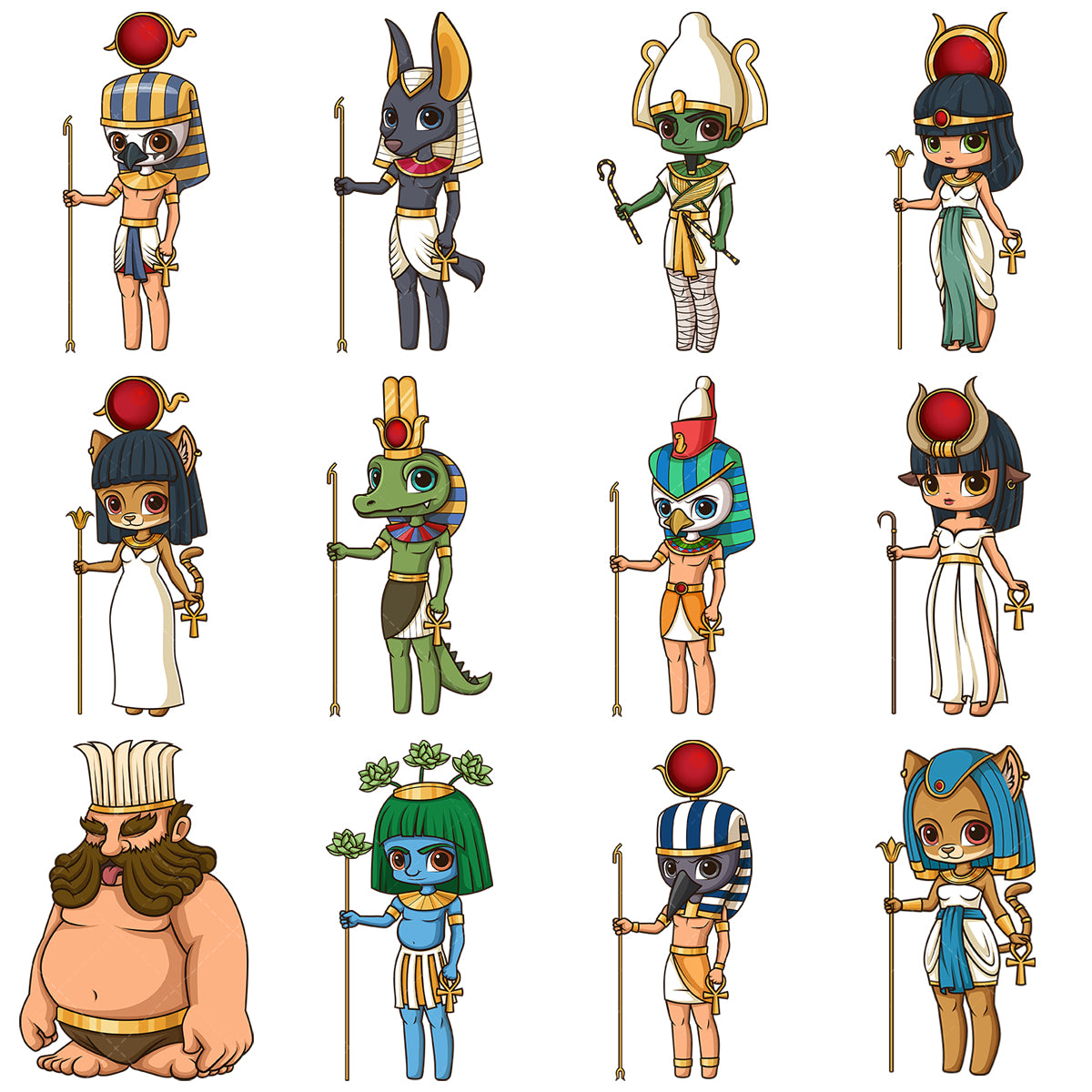 A bundle of 12 royalty-free stock vector illustrations of ancient egyptians gods.