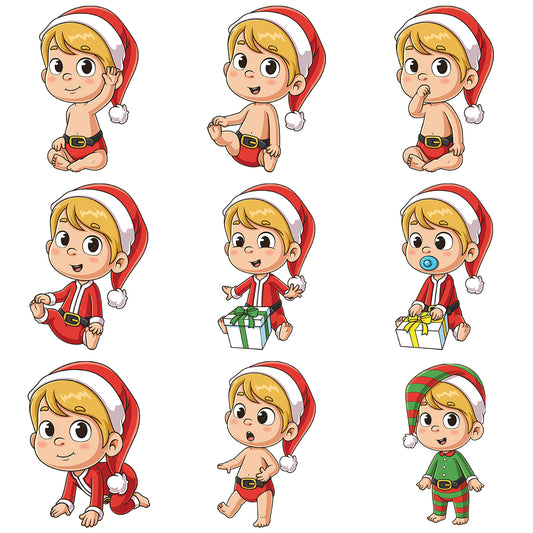 A bundle of 9 royalty-free stock vector illustrations of a baby boy santa claus.