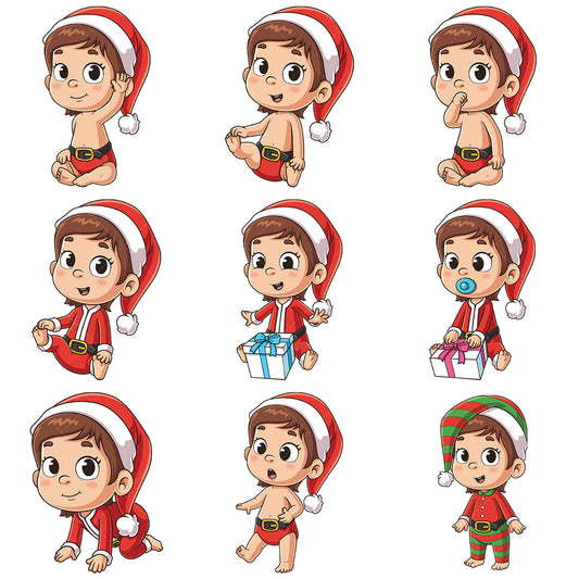 A bundle of 9 royalty-free stock vector illustrations of a baby girl santa claus.