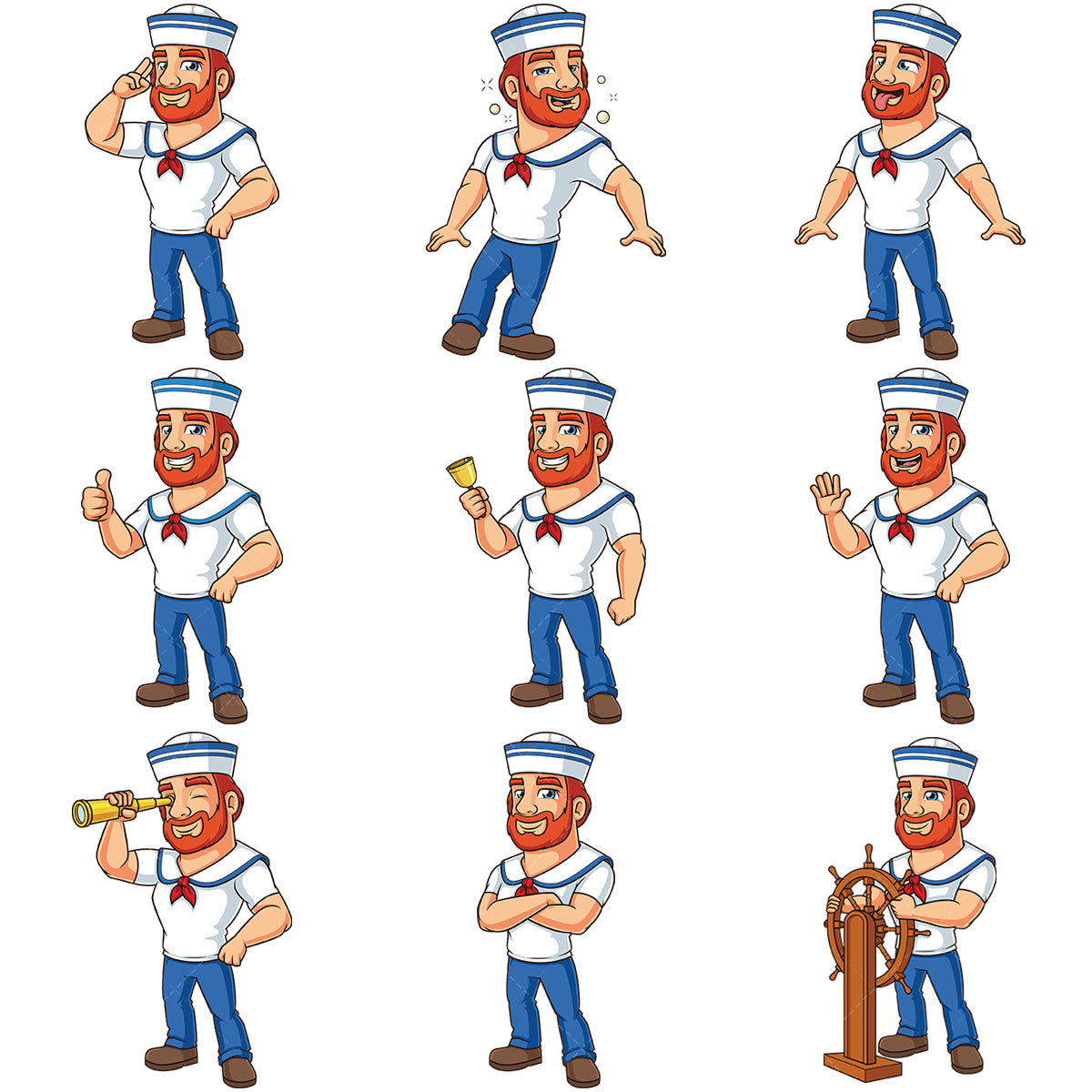 A bundle of 9 royalty-free stock vector illustrations of a bearded sailor.