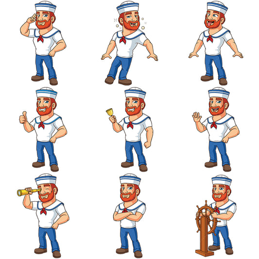 A bundle of 9 royalty-free stock vector illustrations of a bearded sailor.