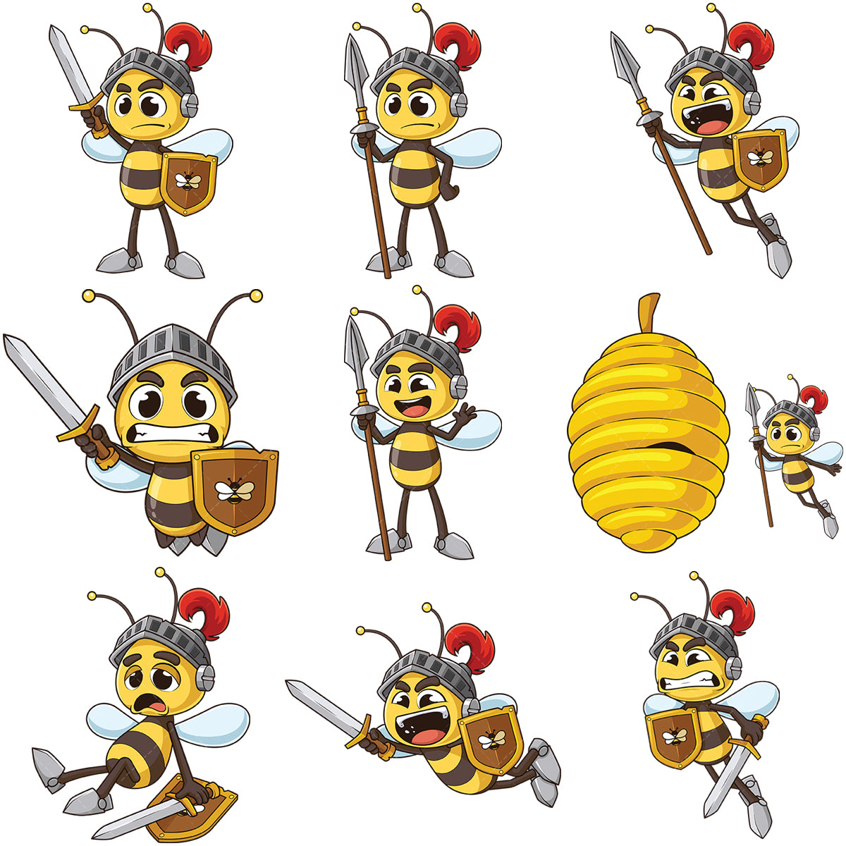 A bundle of 9 royalty-free stock vector illustrations of a bee warrior.