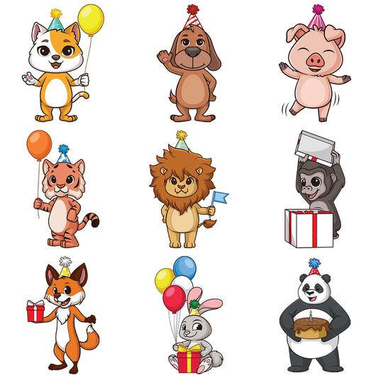 A bundle of 9 royalty-free stock vector illustrations of a birthday animals.
