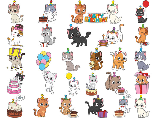 A bundle of 26 SVG (vector) images about birthday cats.