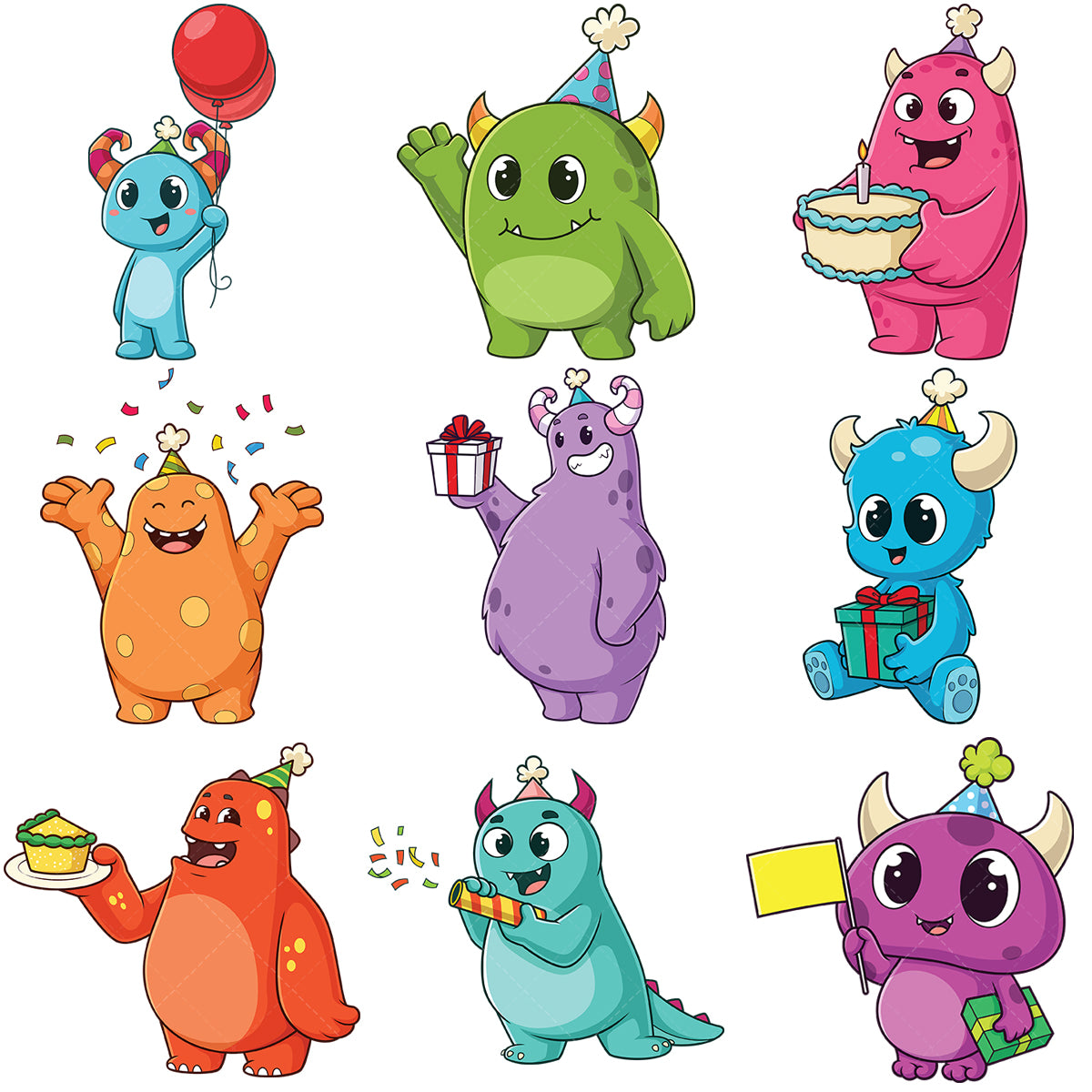 A bundle of 9 royalty-free stock vector illustrations of birthday monsters.