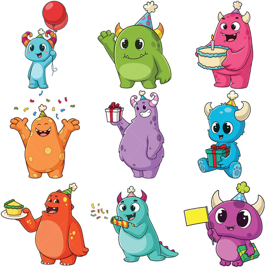 A bundle of 9 royalty-free stock vector illustrations of birthday monsters.