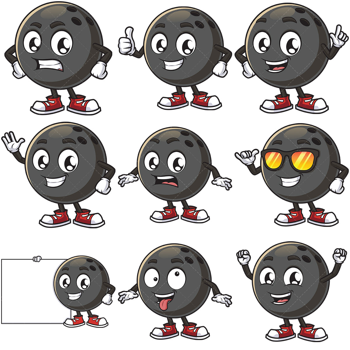 A bundle of 9 royalty-free stock vector illustrations of a bowling ball character.