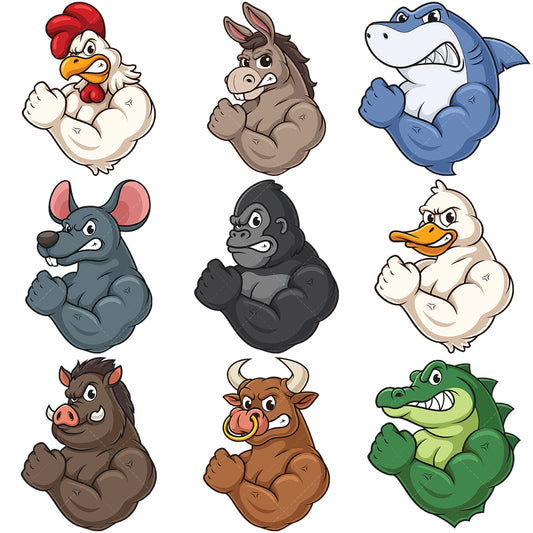 A bundle of 9 royalty-free stock vector illustrations of buff animal mascot characters.