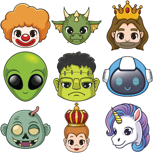 A bundle of 9 royalty-free stock vector illustrations of cartoon heads.