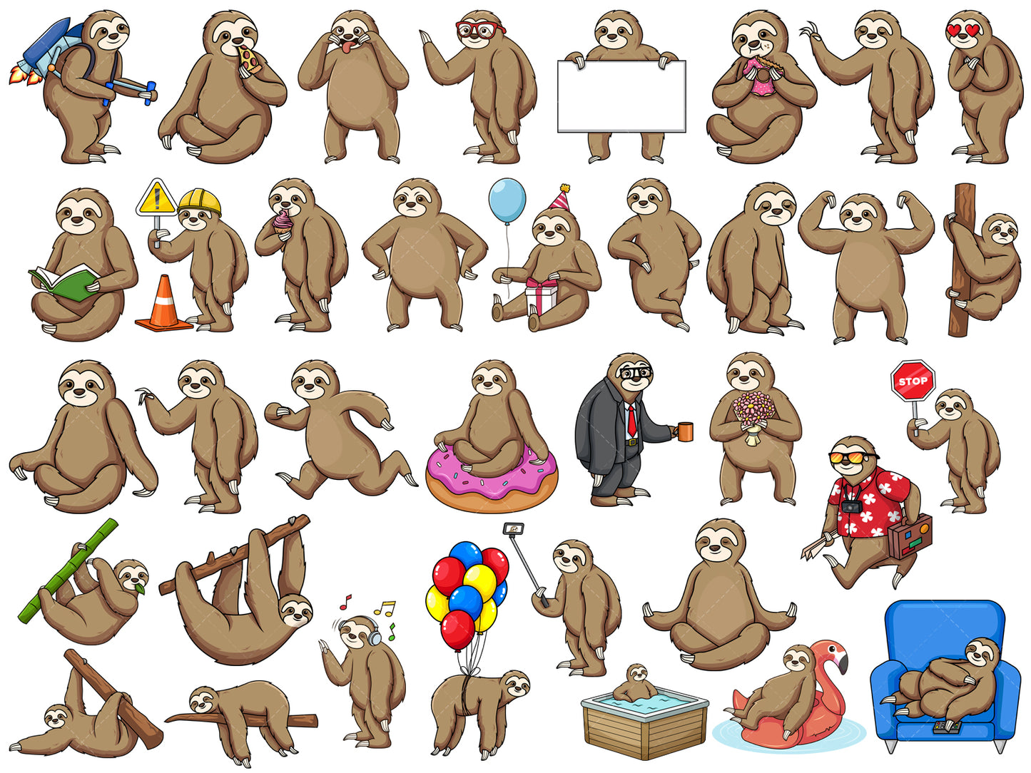 A bundle of 36 royalty-free stock vector illustrations of a cartoon sloth character.