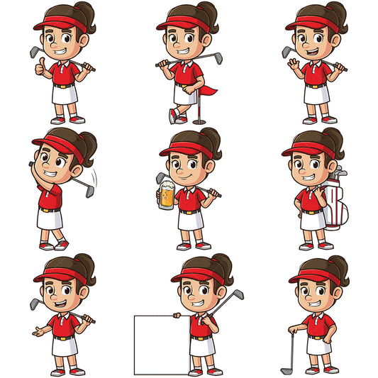 A bundle of 9 royalty-free stock vector illustrations of a caucasian female golfer.