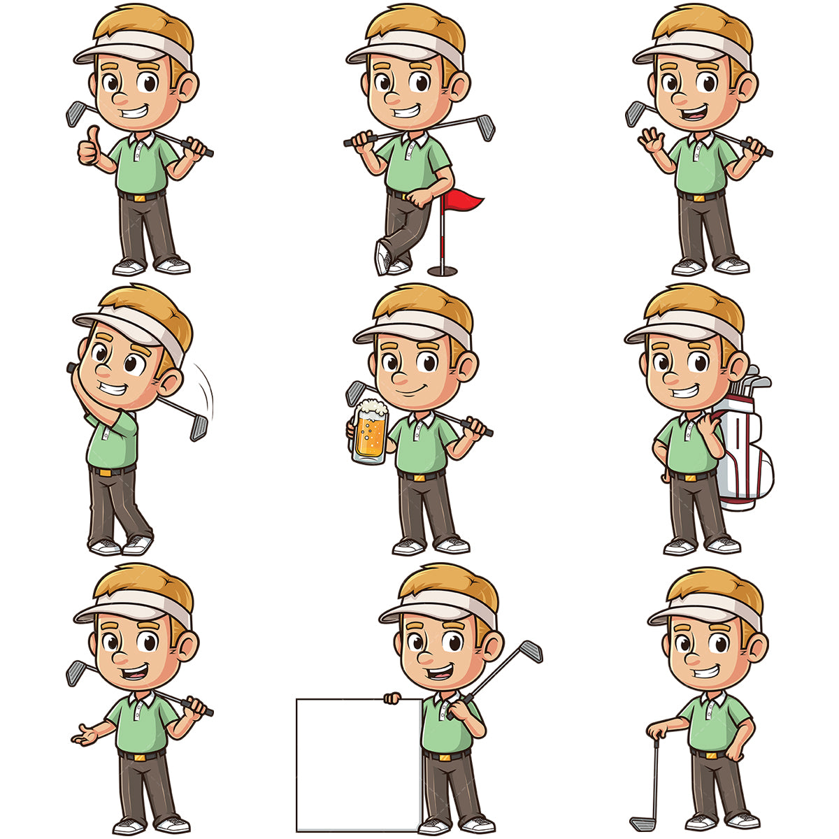 A bundle of 9 royalty-free stock vector illustrations of a caucasian male golfer.