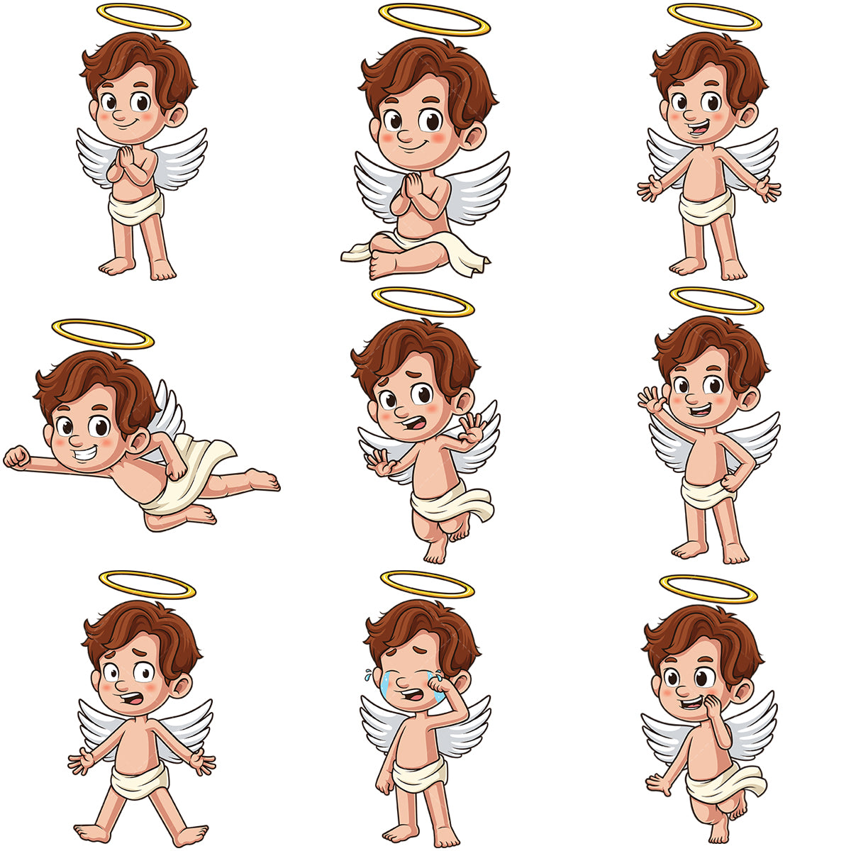 A bundle of 9 royalty-free stock vector illustrations of a cherub character.