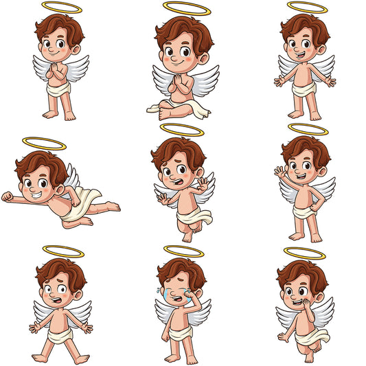 A bundle of 9 royalty-free stock vector illustrations of a cherub character.