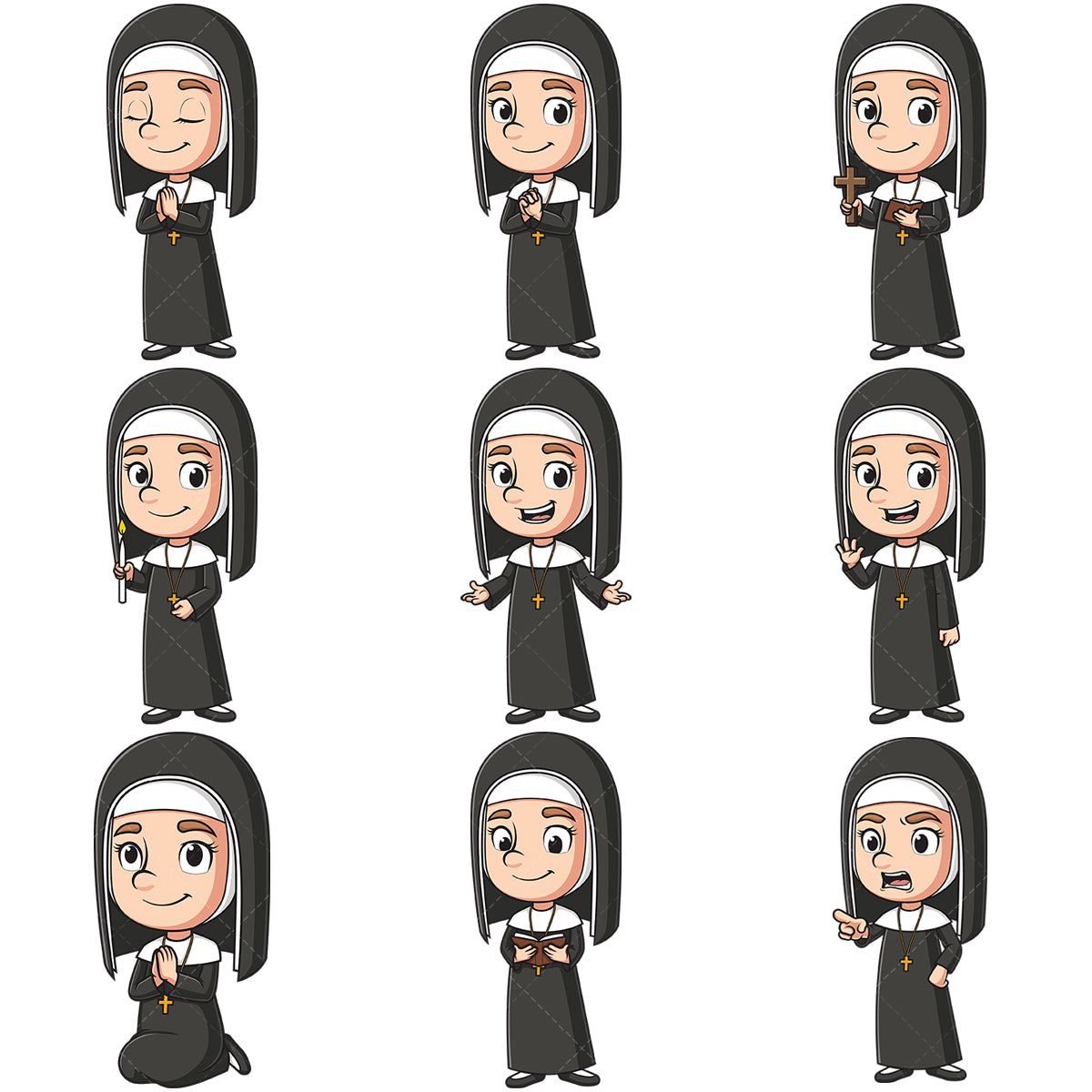 A bundle of 9 royalty-free stock vector illustrations of a christian nun.