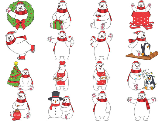 A bundle of 16 SVG (vector) images about a christmas polar bear.