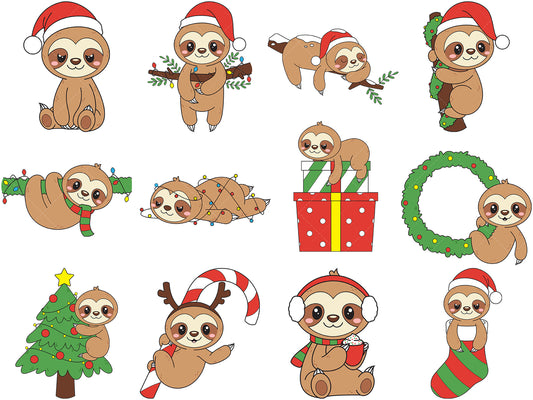 A bundle of 12 SVG (vector) images about a christmas sloth.