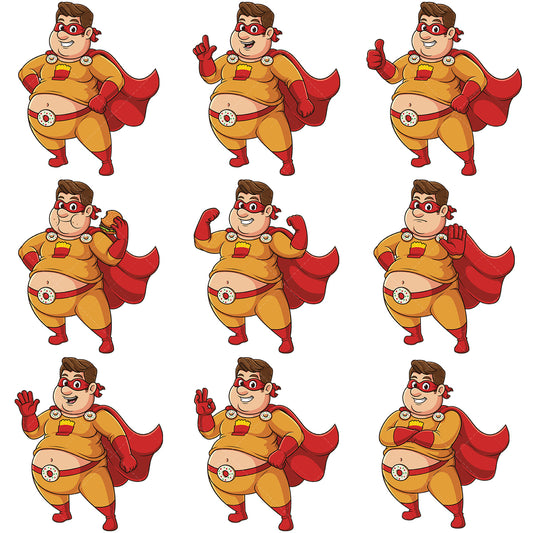 A bundle of 9 royalty-free stock vector illustrations of a chubby superhero.