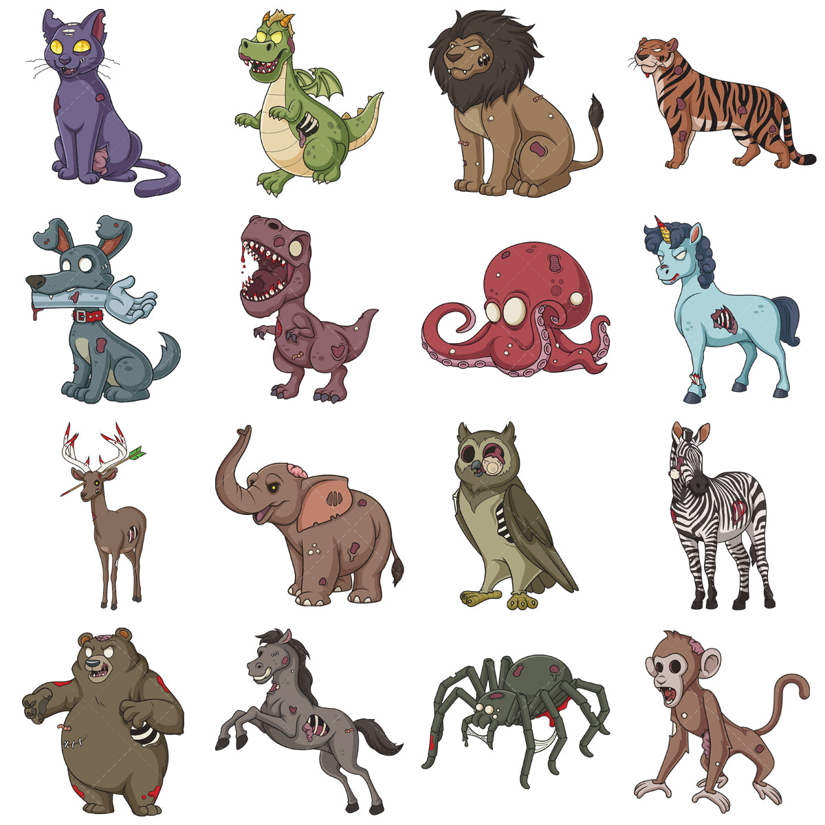 A bundle of 16 royalty-free stock vector illustrations of a creepy zombie animals.