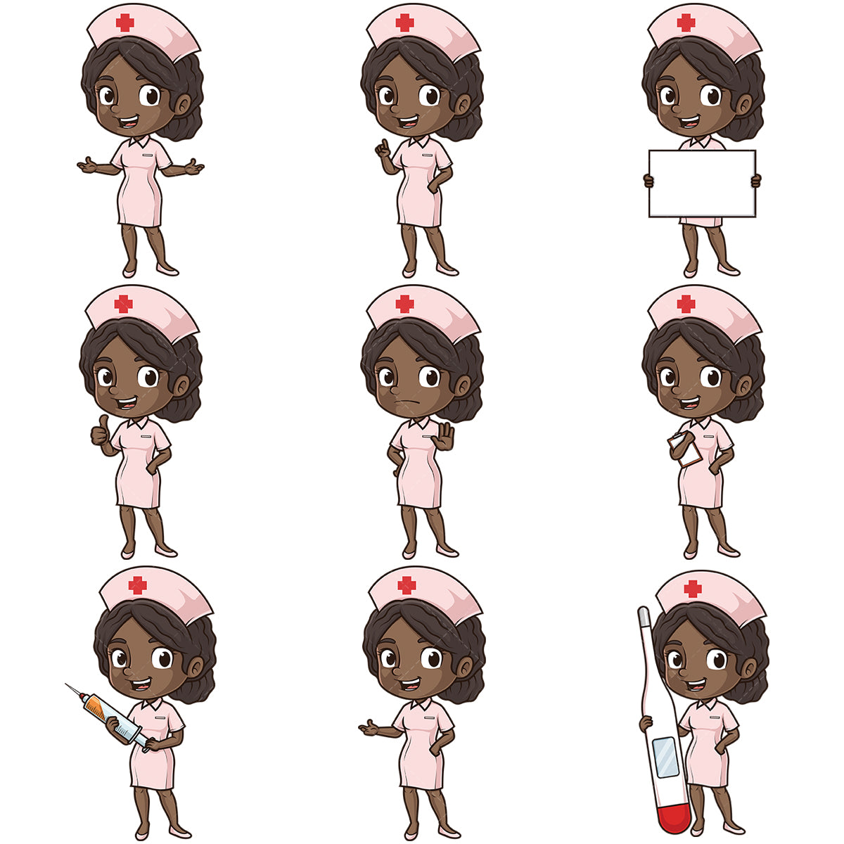 A bundle of 9 royalty-free stock vector illustrations of a cute african-american female nurse.