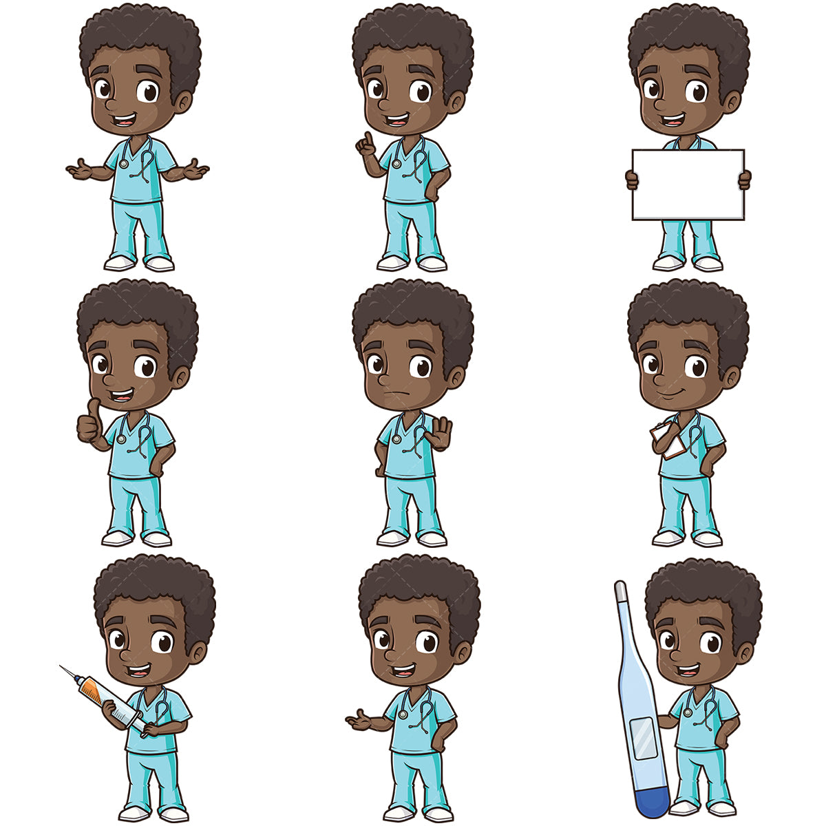 A bundle of 9 royalty-free stock vector illustrations of a cute african-american male nurse.