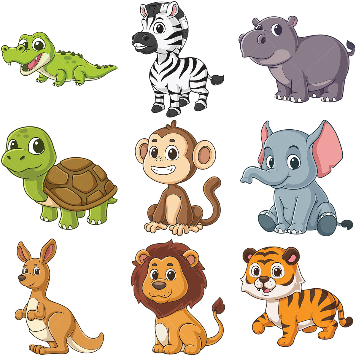 A bundle of 9 royalty-free stock vector illustrations of cute baby animals.