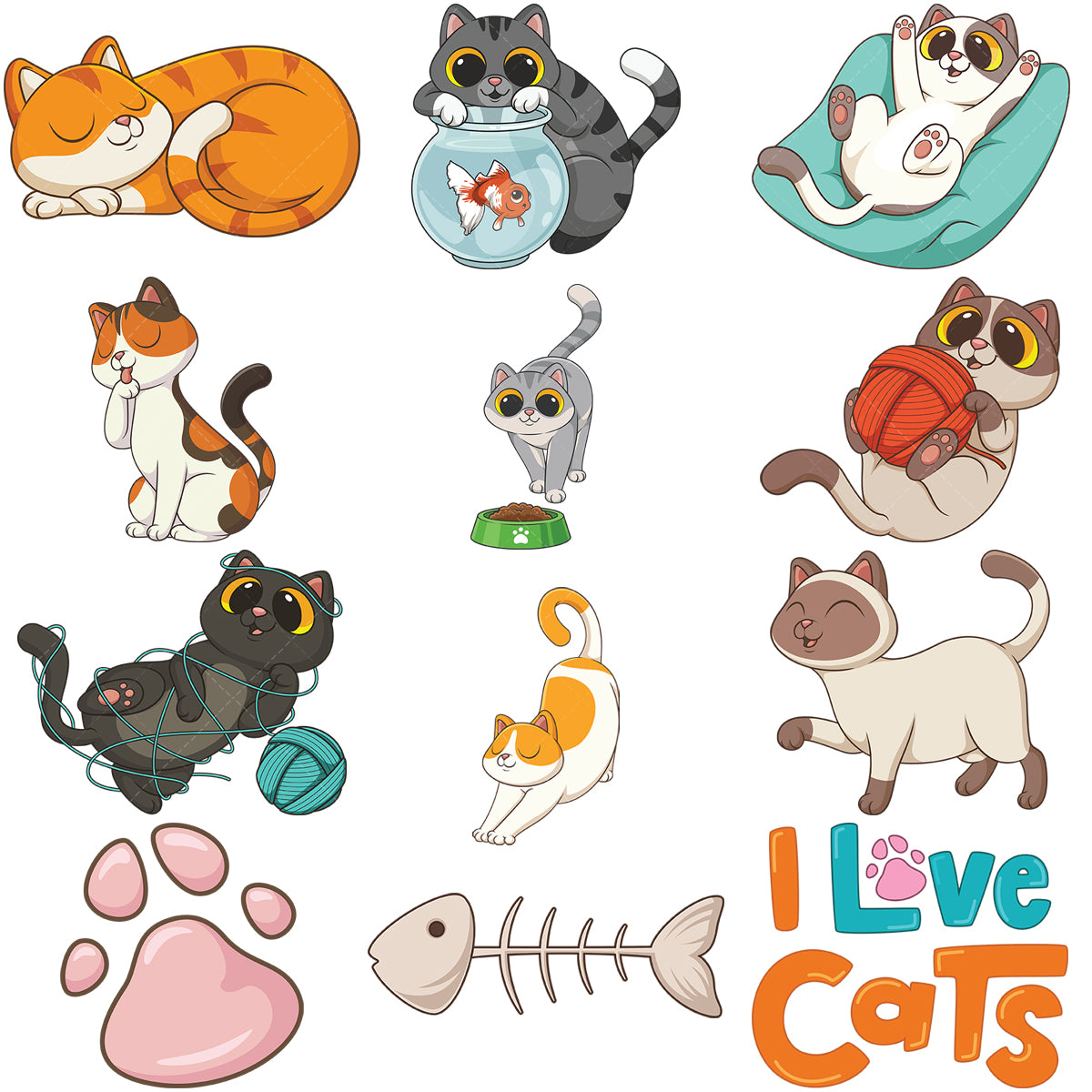 A bundle of 12 royalty-free stock vector illustrations of cute cats.