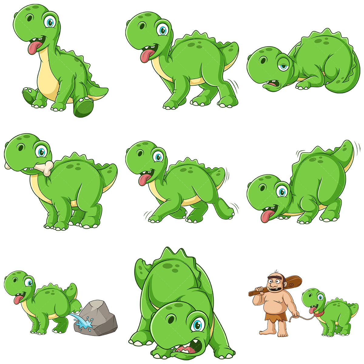 A bundle of 9 royalty-free stock vector illustrations of a cute dinosaur dog.