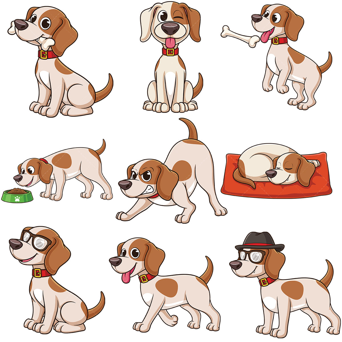 A bundle of 9 royalty-free stock vector illustrations of a cute little dog.