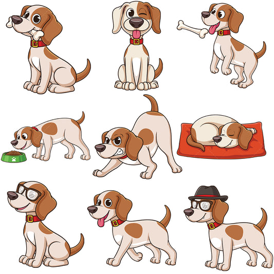 A bundle of 9 royalty-free stock vector illustrations of a cute little dog.