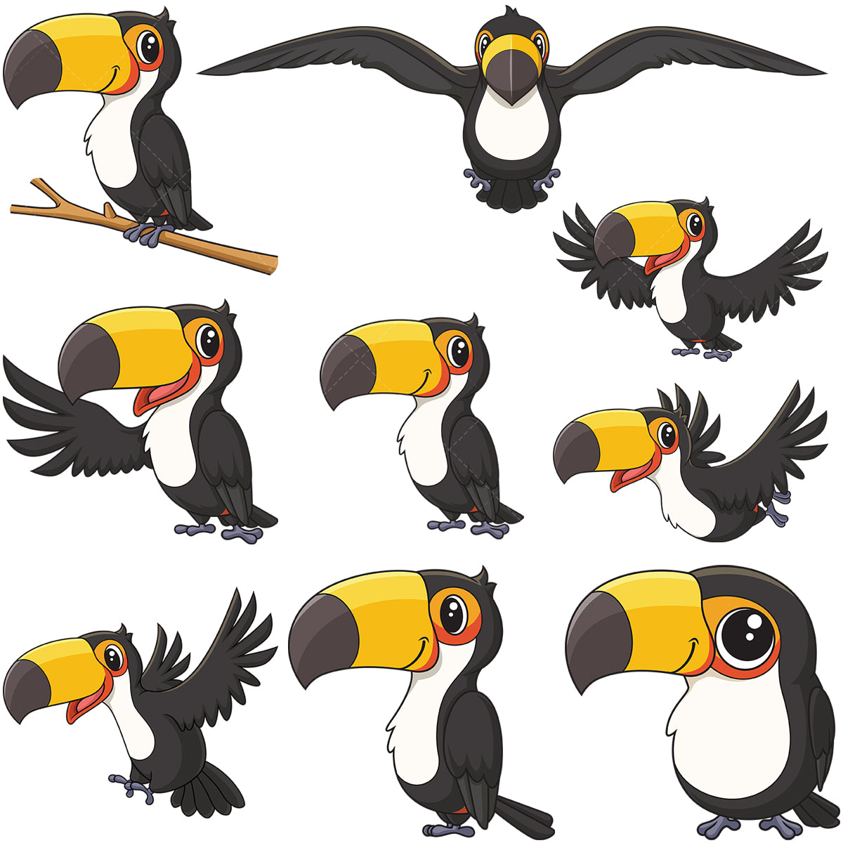 A bundle of 9 royalty-free stock vector illustrations of a cute toucans.