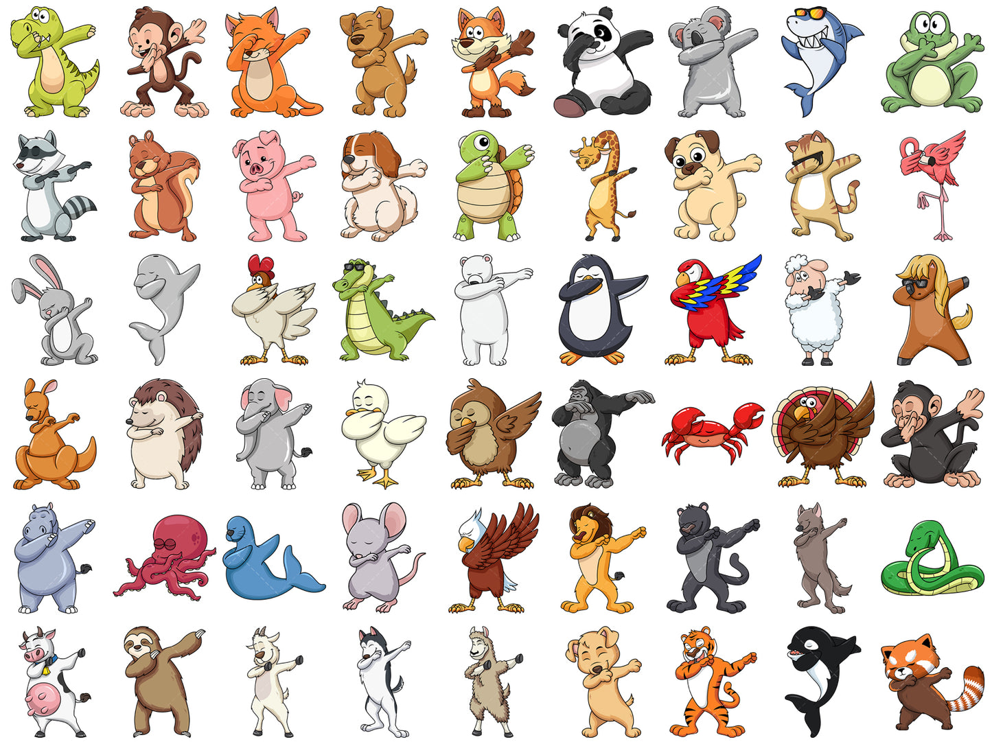 A unique clip art bundle of 54 animals doing the dab dance move.
