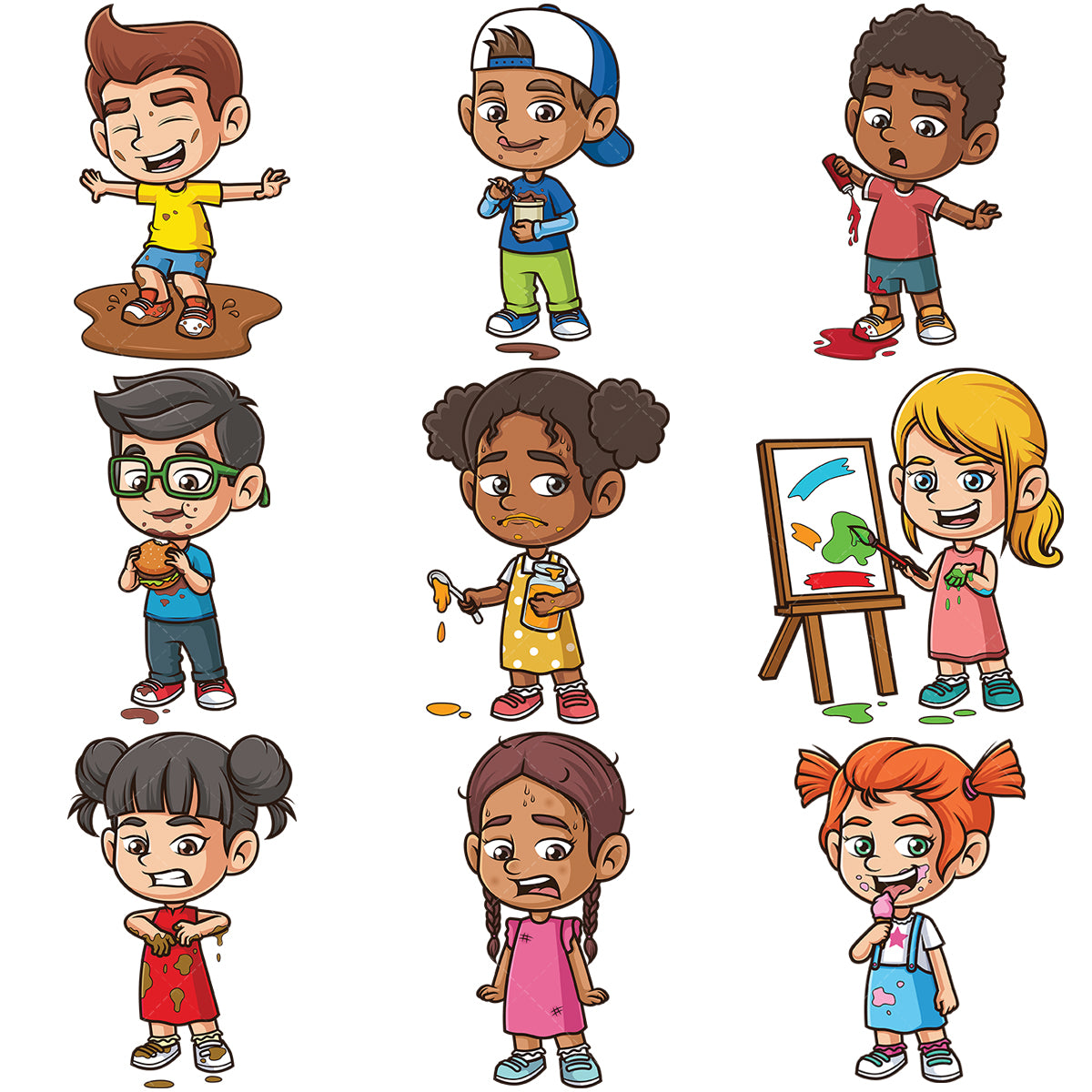 A bundle of 9 royalty-free stock vector illustrations of a dirty kids.