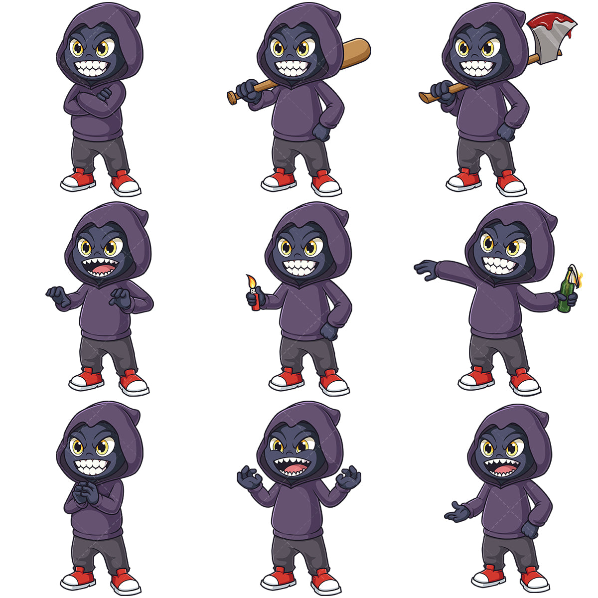 A bundle of 9 royalty-free stock vector illustrations of an evil humanoid character.