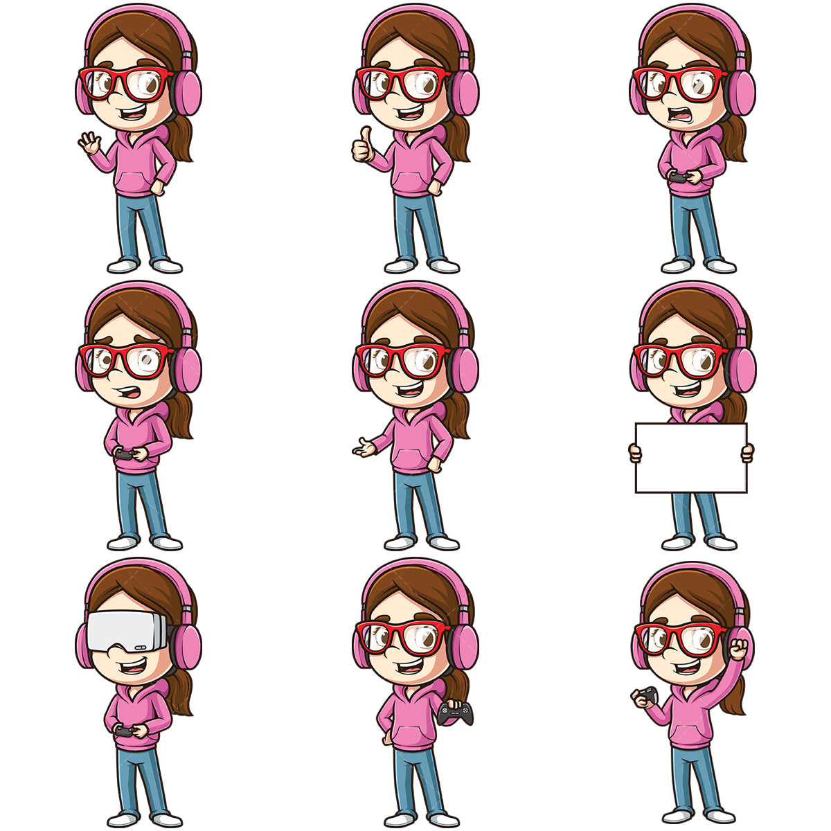 A bundle of 9 royalty-free stock vector illustrations of a female gamer character.