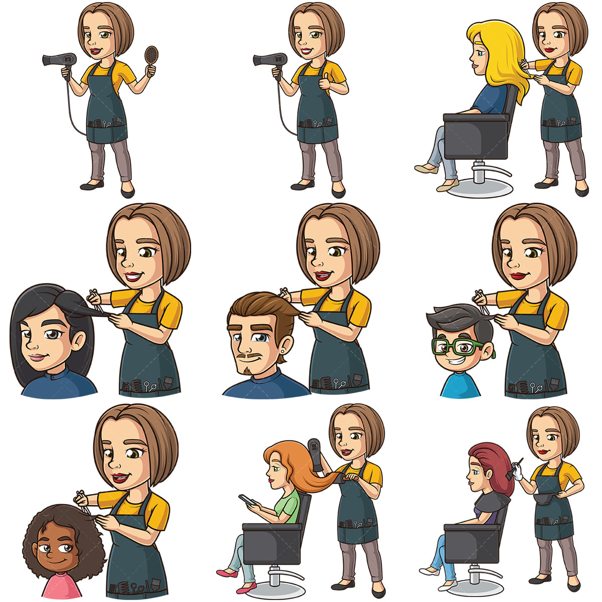 A bundle of 9 royalty-free stock vector illustrations of a female hairdresser.