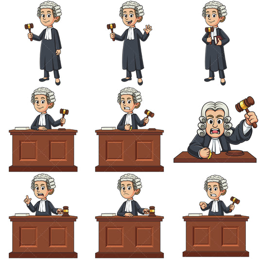 A bundle of 9 royalty-free stock vector illustrations of a female judge.