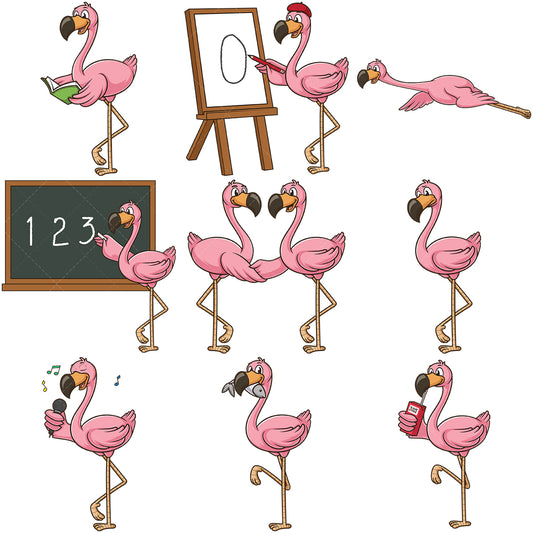 A bundle of 9 royalty-free stock vector illustrations of a flamingo mascot character.