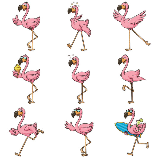 A bundle of 9 royalty-free stock vector illustrations of a flamingo mascot.