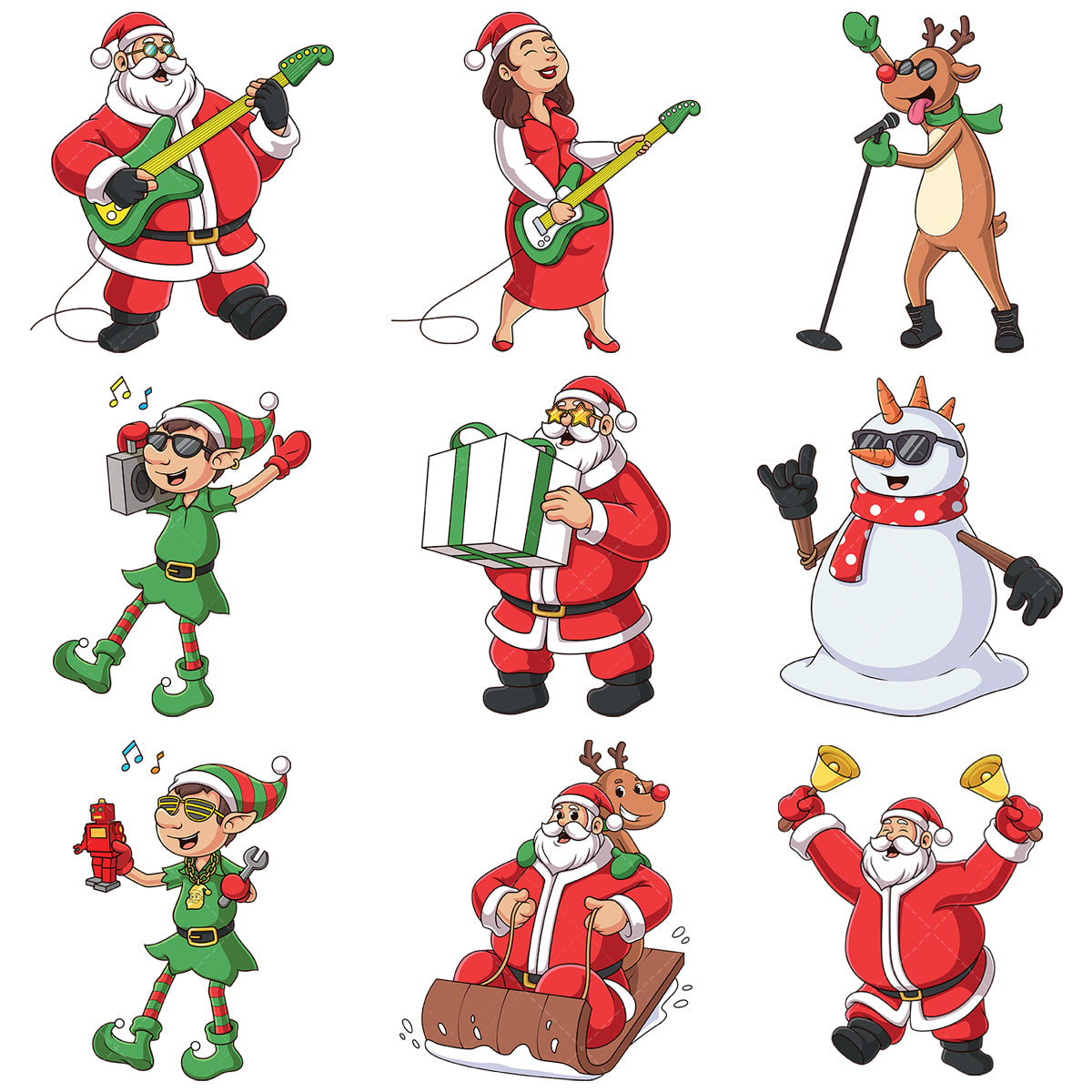 A bundle of 12 royalty-free stock vector illustrations of funky christmas.