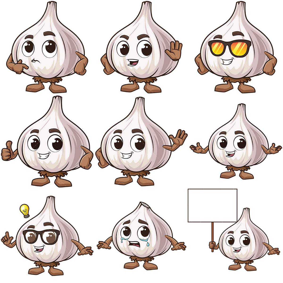 A bundle of 9 royalty-free stock vector illustrations of a garlic mascot character.